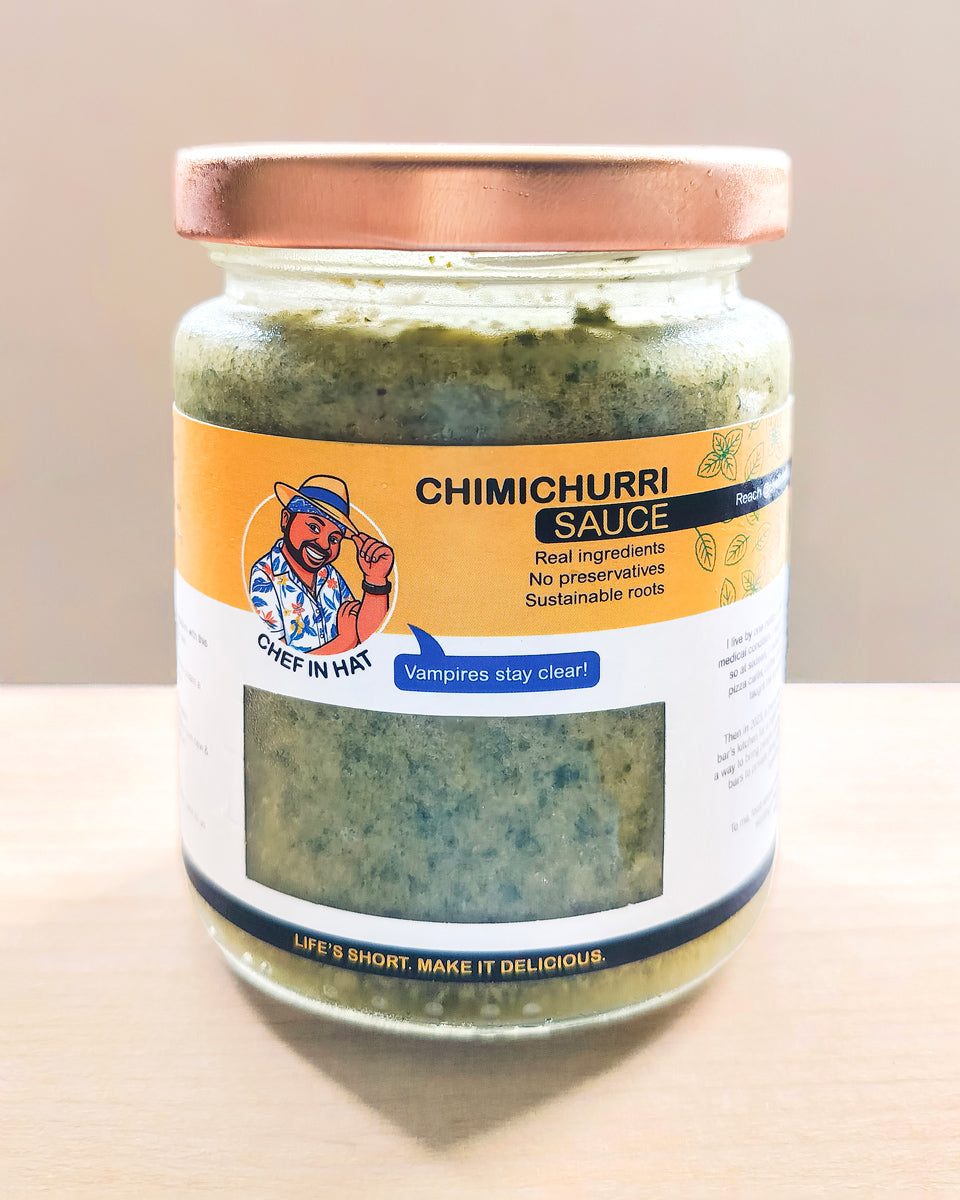 Jar of organic Chimichurri sauce made from fresh herbs, ideal for red meats like pork, beef, lamb etc.