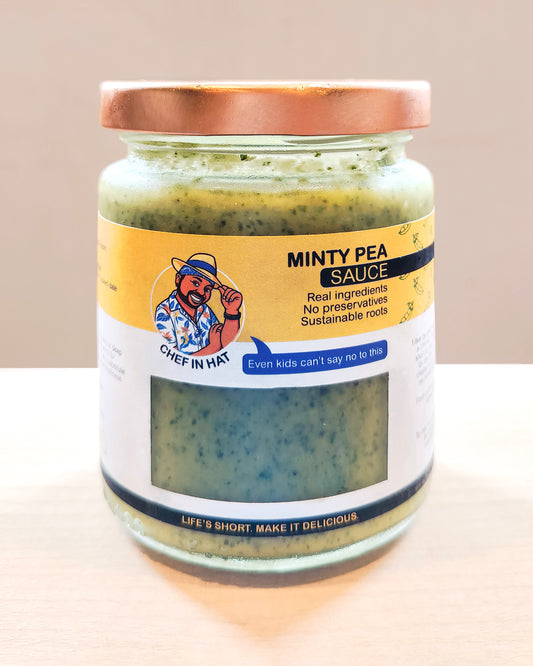 Jar of organic Mint Pea Sauce, ideal for pastas or red meats like pork, beef or lamb.
